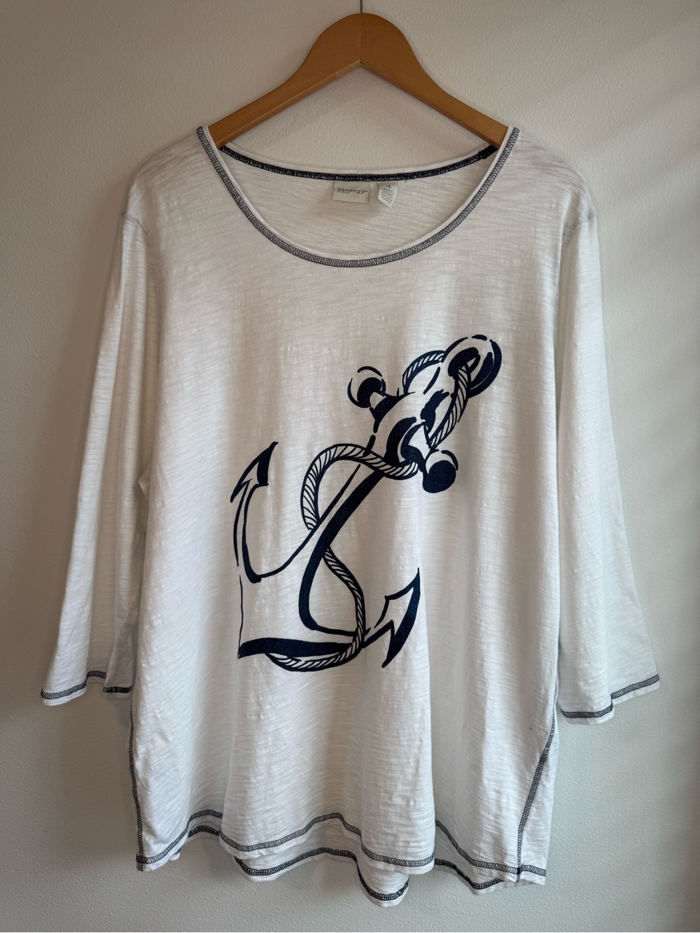 Chico’s Zenergy Navy Anchor Graphic White Top 3/4 Sleeve XXL